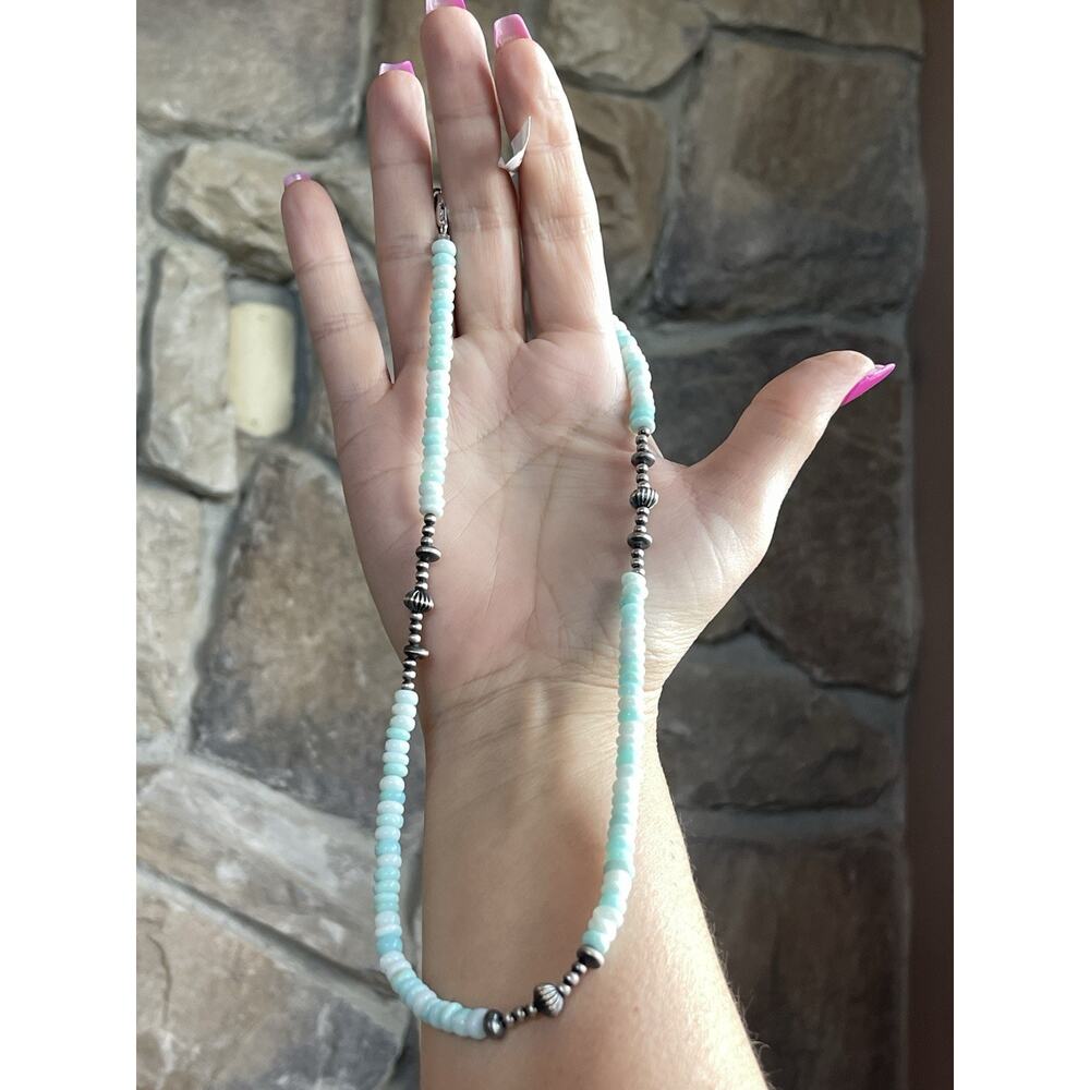 Turquoise Beaded Necklace Sterling Silver Navajo Pearl Style Western Boho 18–20” - Picture 4 of 10